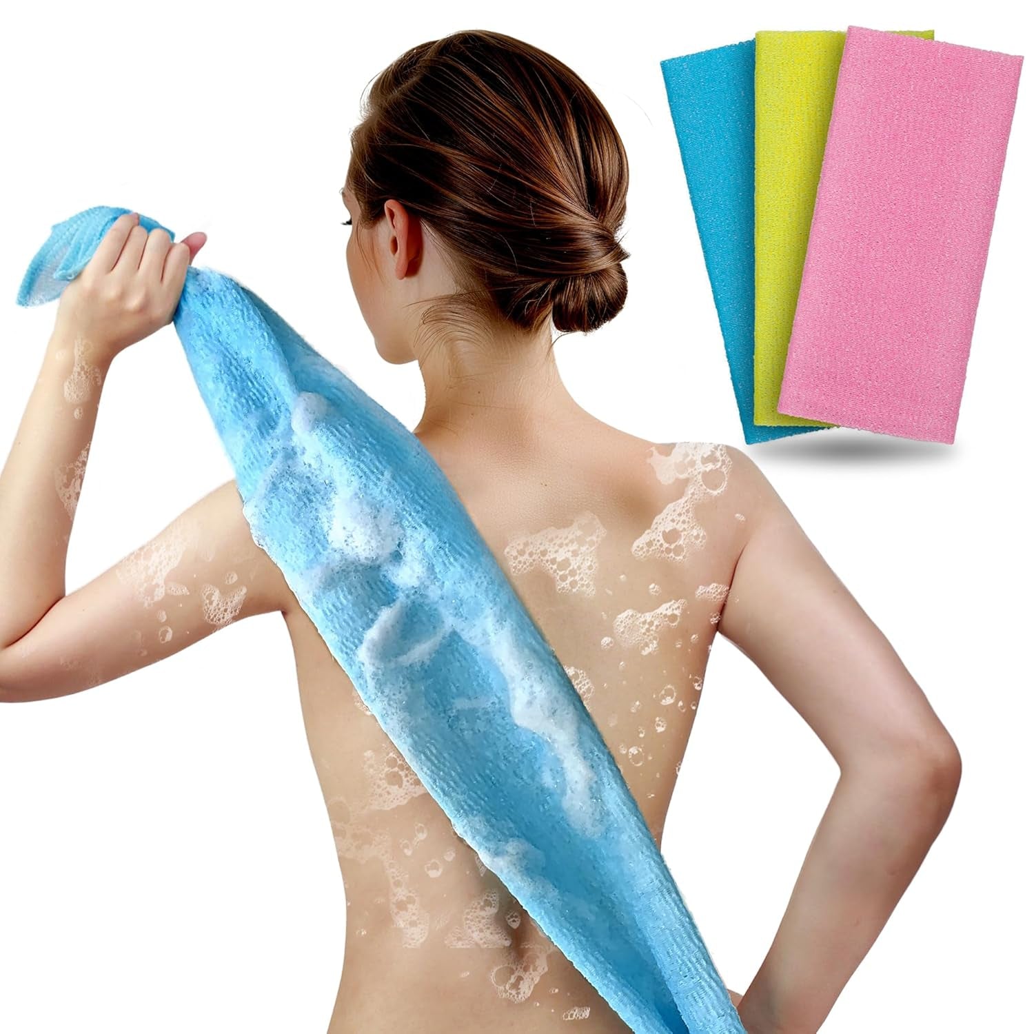 Exfoliating Washcloth & Shower Body Scrubber, 3 Pack | Japanese Washcloth, Korean Back Scrubber Towel, All Skin Type Daily Use in Shower, Textured Nylon, Smoother Skin, Quick-Dry