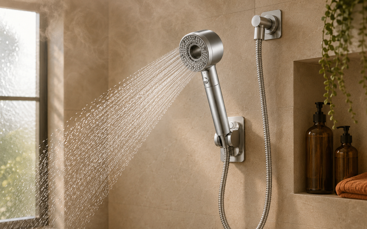The Velansi filtered shower head installed and running